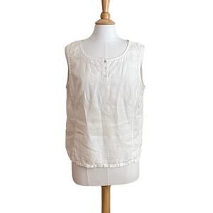 Hunt Club 100% Linen Ivory Sleeveless Blouse / Tank, Embroidery, Buttons, 14
